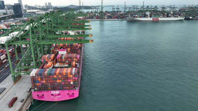 day time singapore city famous container port ship loading dock aerial panorama 4k    
