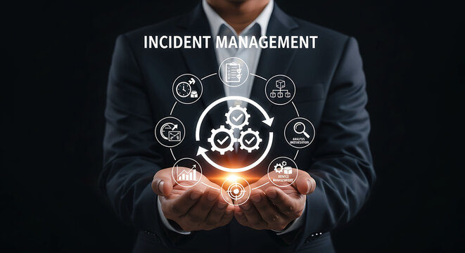 Businessman holding incident management process icon virtual screen corporate risk control