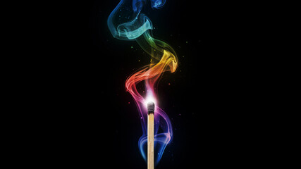Fototapeta premium Colorful smoke, burning matchstick, vibrant rainbow fumes, black background