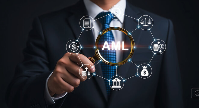 AML anti money laundering compliance concept with businessman magnifying glass concept