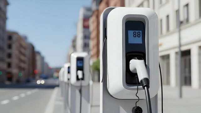 Electric vehicle charging stations stand in a row along a city street, ready to power clean transportation.