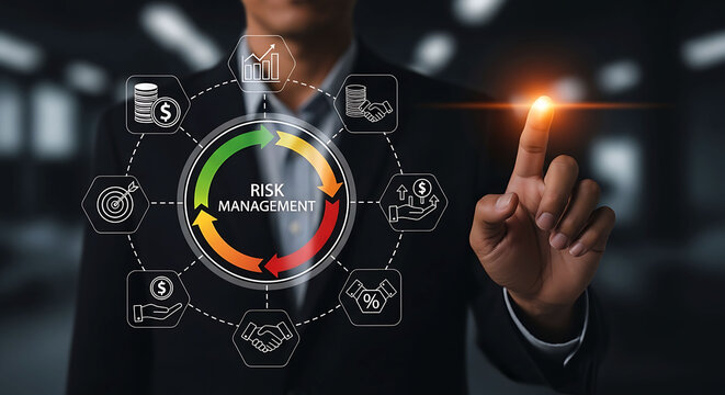 Businessman pointing at digital risk management circle graph concept in dark background
