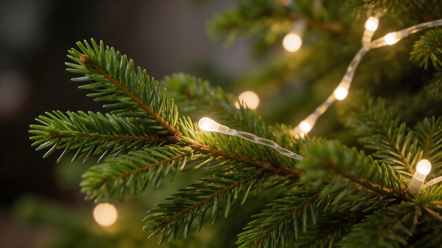 Closeup of Christmas tree branch with lights highlighting geometric patterns and contemporary art