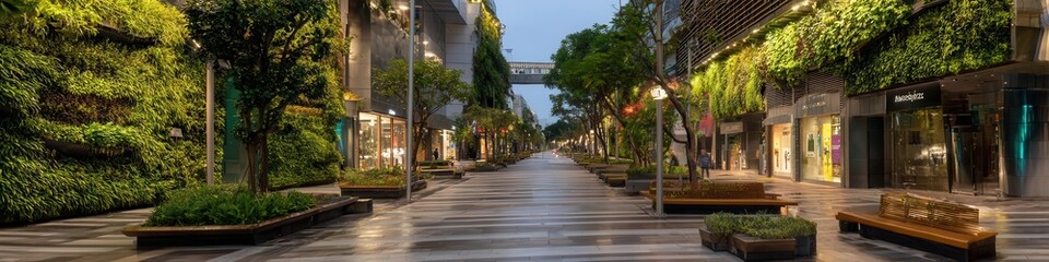 Obraz premium Green Wall Retail Street Urban Oasis at Dusk, Serene Scene