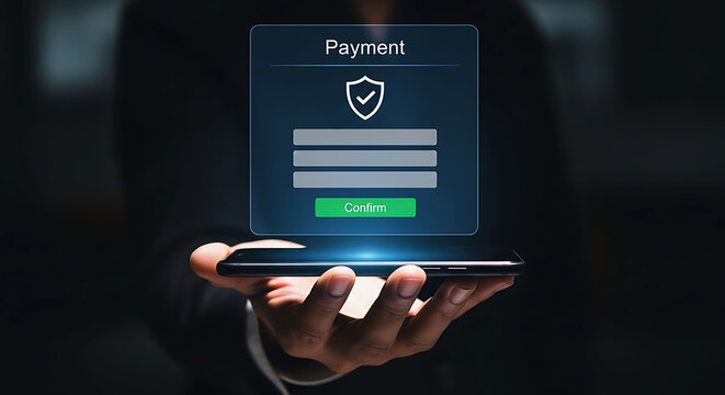 Secure mobile online payment and transaction confirmation concept with business hand