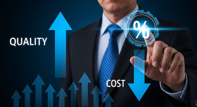 Businessman pointing at percentage icon increasing quality and reducing cost