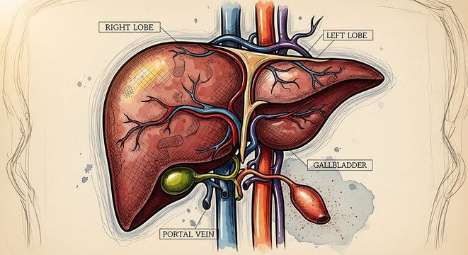 Detailed anatomical illustration of human liver and gallbladder.