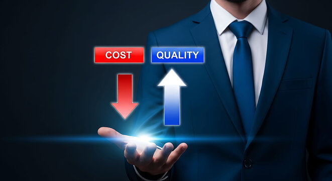 Businessman holding virtual icons showing decreasing cost and increasing quality