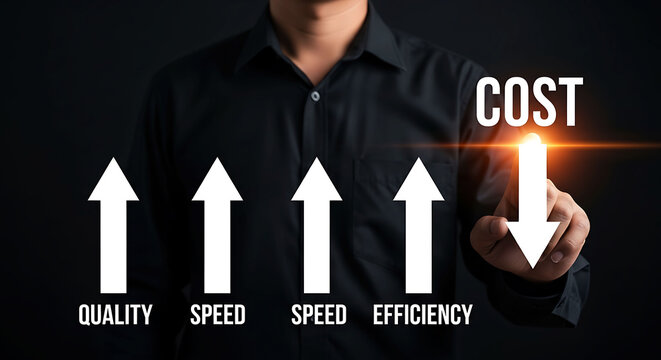 Businessman touching down arrow to reduce cost and increase business efficiency