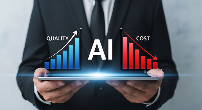 Businessman holding tablet showing AI growth chart of quality and cost reduction