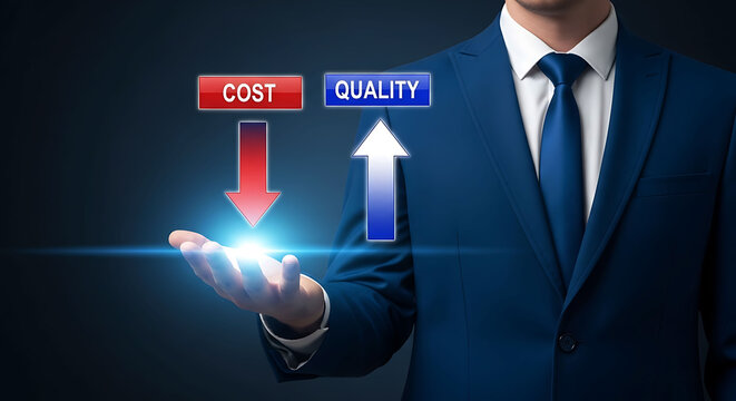 Businessman holding cost down and quality up arrows for business optimization