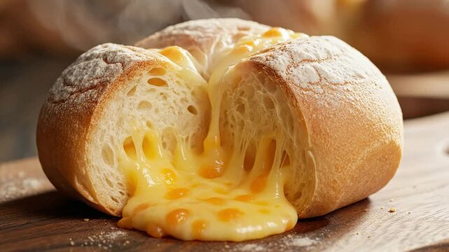 Freshly Baked Bread Roll With Gooey Melted Cheese Oozing Out Perfect Snack For Food Photography