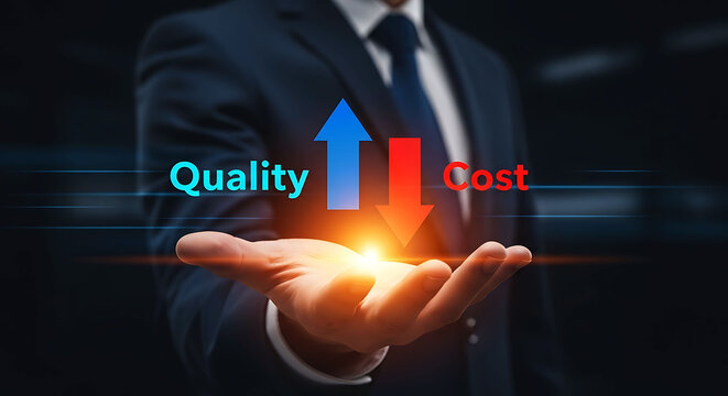 Businessman holding high quality and low cost concept text with arrows
