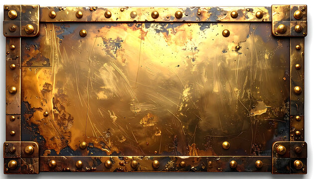 aged brass plaque with rivets, detailed metallic texture, weathered and distressed surface