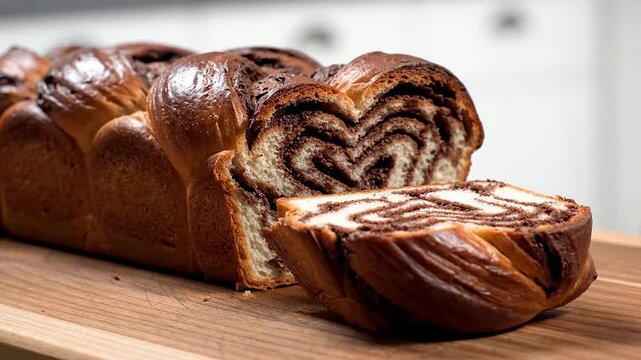 Freshly Baked Chocolate Babka Loaf Sliced to Showcase Intricate Swirls of Chocolate and Bread on Wooden Cutting Board