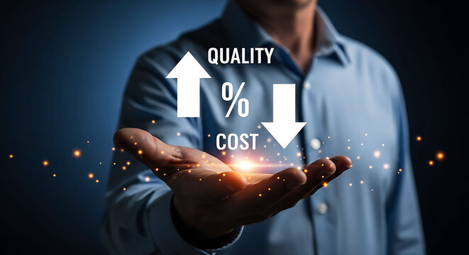 Businessman holding high quality and low cost optimization growth concept