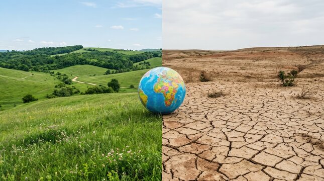 The stark contrast between a vibrant green landscape and a parched, cracked earth, with a globe as the focal point, highlighting environmental changes