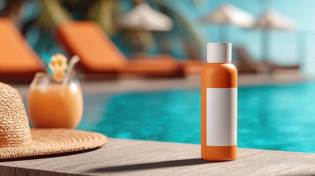 Sunscreen bottle standing on wooden deck by swimming pool with tropical bokeh in a sharp focus macro shot for summer skincare marketing