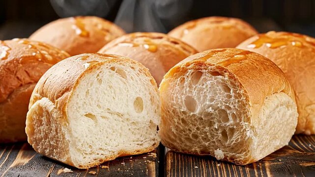 Freshly Baked Golden Bread Rolls Cut in Half to Showcase Soft Fluffy Interior Perfect for Culinary and Bakery Photography