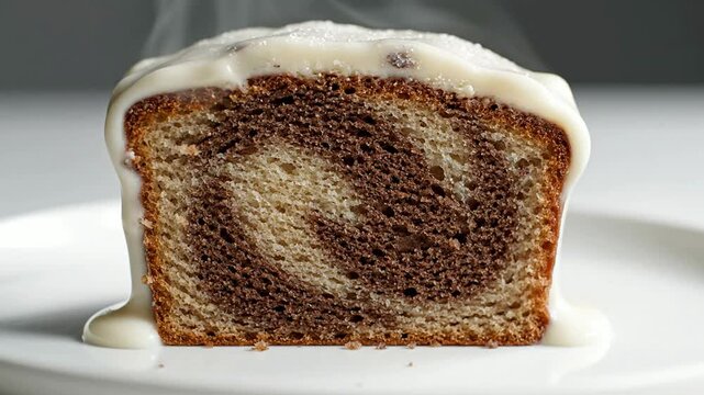 Freshly Baked Marble Cake With Creamy Glaze Presented On White Plate Against Soft Focus Gray Background