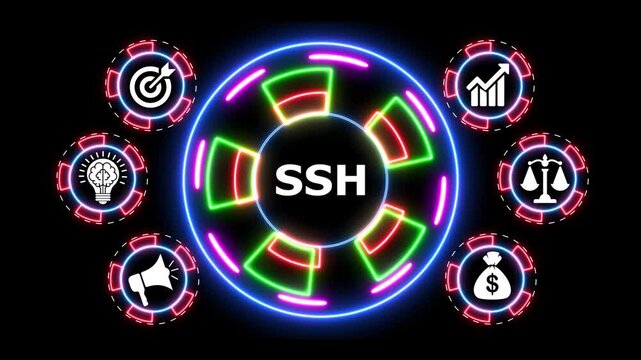 Ssh text concept in glowing neon circular frame with business icons in animation.