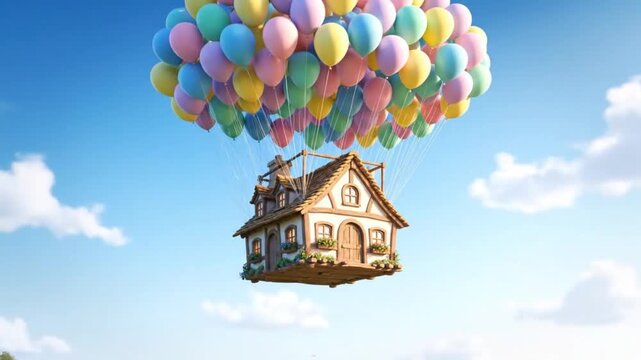 Charming European Style Cottage House Flying High in the Blue Sky Carried by a Huge Bunch of Colorful Pastel Balloons on a Sunny Day Loop
