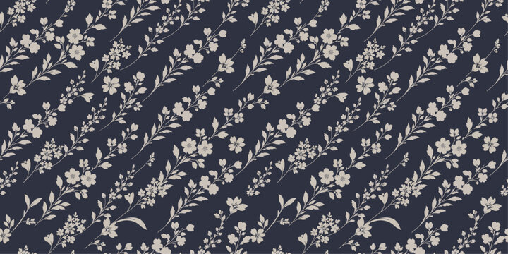 Elegant Minimal Botanical Floral Seamless Pattern with Delicate Vines on Navy Background