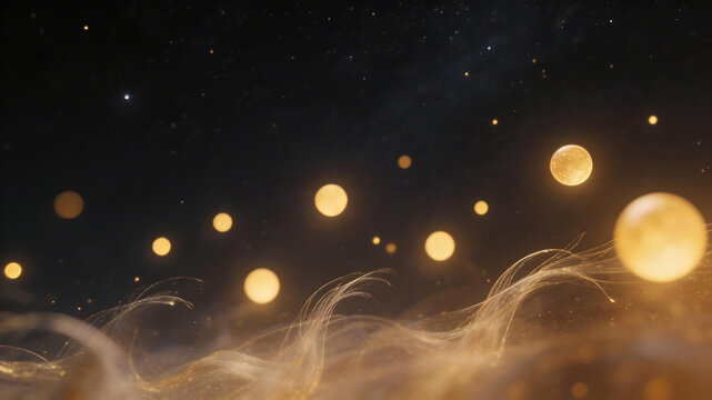 Golden glowing orbs and strands in dark space for immersive visual experiences and creative projects