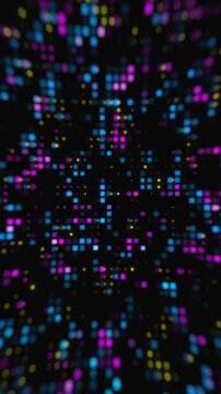 Vertical Hi Tech Digital Motion Background of Violet Blue and Yellow Neon Pixel Lights.Futuristic Technological Video background