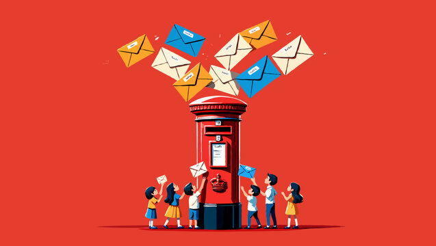 Children sending letters into a red postbox with envelopes flying around