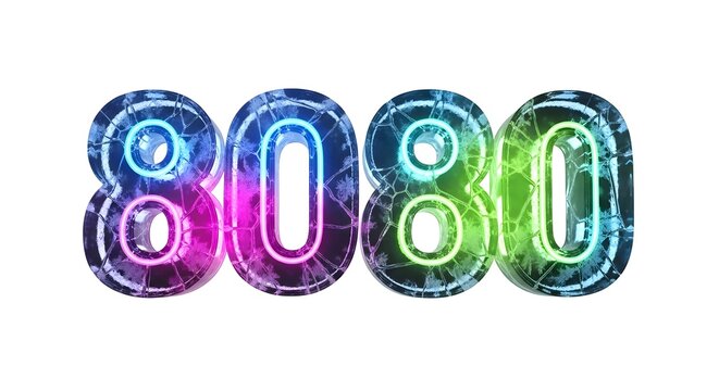 Glowing neon numerals 8080 with cracked ice effect on white