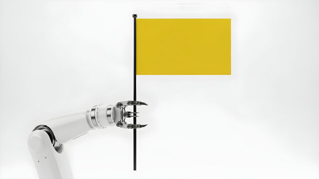 Robot arm holds yellow flag on metal pole in industrial scene