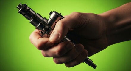 Naklejka premium Mechanic's Hand Holding a Fuel Injector Part Against a Vibrant Green Background