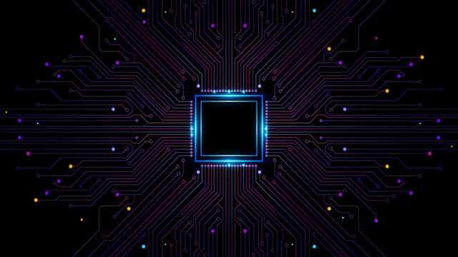 Glowing blue microchip, circuit board design, neon-lit tech background, futuristic electronic component