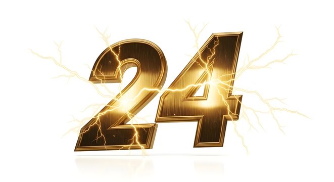 Golden number 24 with powerful electric lightning bolts