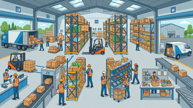Workers in a large warehouse facility.