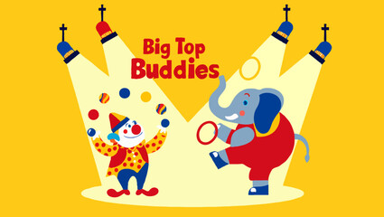 Naklejka premium A circus clown and elephant performing under spotlights in a cartoon style