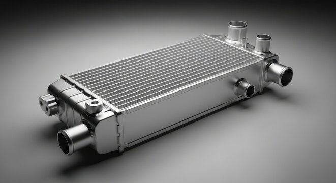 Detailed Close-Up of a Silver Metal Intercooler Heat Exchanger with Fins