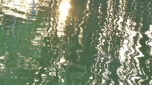 Sunlight reflecting on rippling dark water surface with handheld camera motion, abstract liquid motion for nature