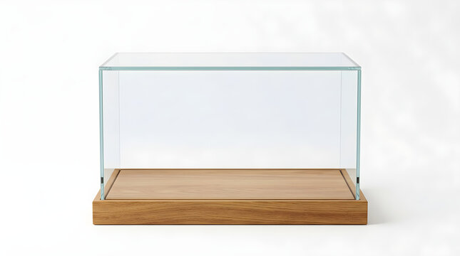 Glass display case on wooden base isolated on white background