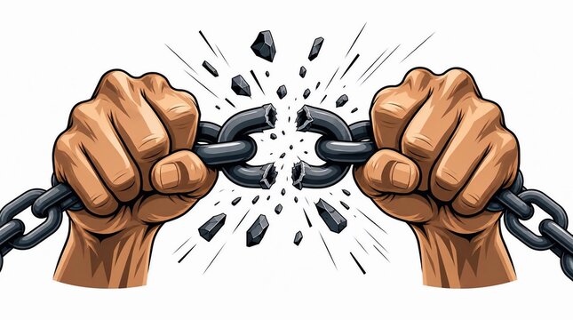 Powerful hands breaking metal chains for freedom and liberation concept on white background