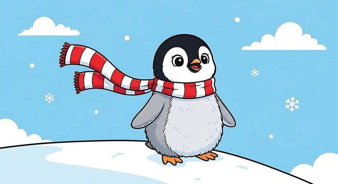 Cartoon penguin holding a red gift box on ice.