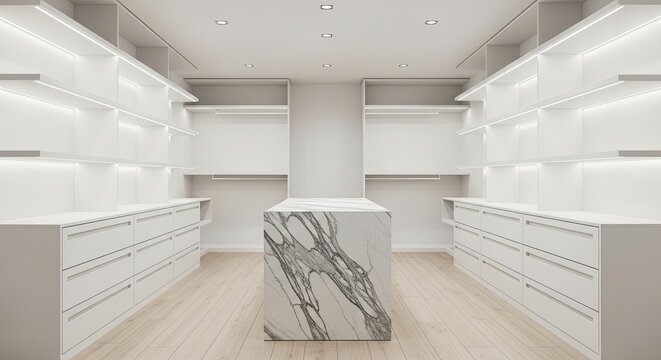 Elegant white walk-in closet with marble island and shelving.