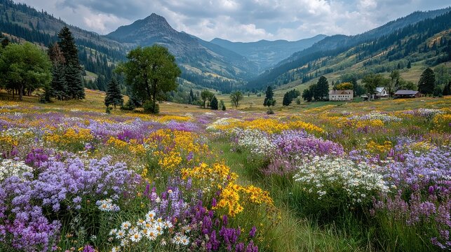 Expansive mountain valley filled with wildflowers under a cloudy sky. Small buildings present