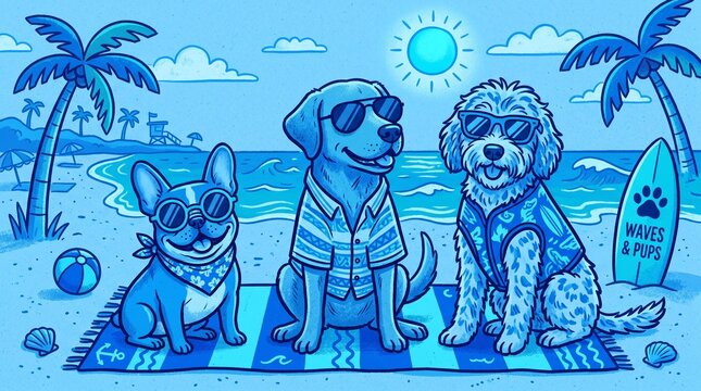 Three dogs wearing sunglasses and enjoying a day at the beach with palm trees and a surfboard