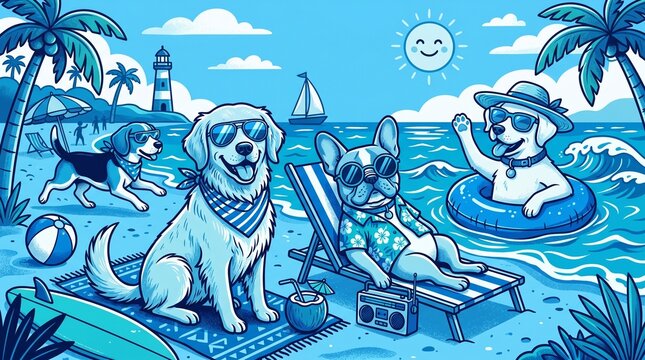 Cartoon dogs enjoying a day at the beach with sunglasses and beach accessories