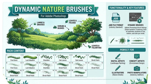 Nature Brush Set for Digital Landscape Painting and Environment Design in Graphic Illustration Software for Artists and