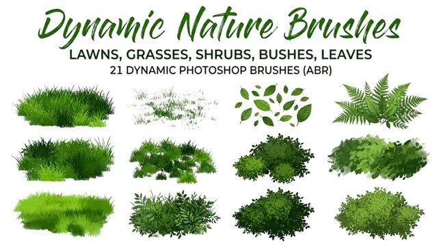 Dynamic Nature Photoshop Brushes Set for Digital Landscape Design Grass Shrubs and Leaves Foliage Elements for Graphic