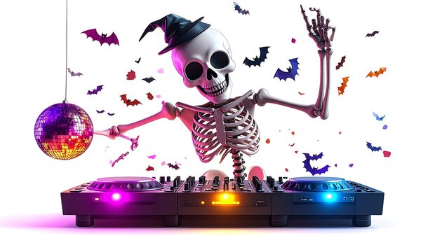 A smiling skeleton DJ, wearing a witch hat, mixing music on a console, with bats and a disco ball