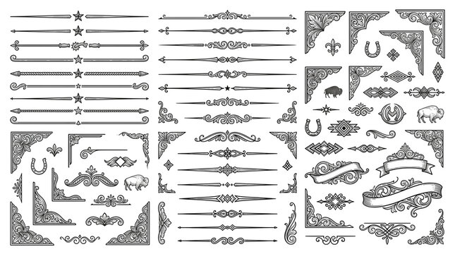 Vintage ornamental dividers and frame corners set, antique decorative line borders, rustic western filigree design elements for wedding invitations isolated on White Background